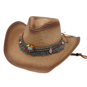 Western Cowboy Straw Hat Woven Wide Brim With Turquoise Beads Tassels And Adjustable Wind Rope Bohemian Style