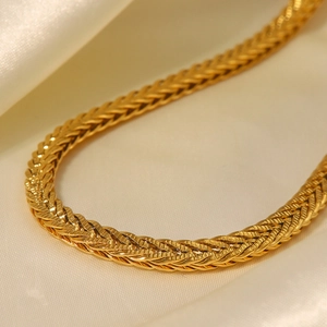 Minimalist gold braided foxtail chain necklace in 18K gold plated stainless steel