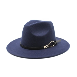 Classic navy blue wool fedora hat with wide brim and leather band featuring gold buckle