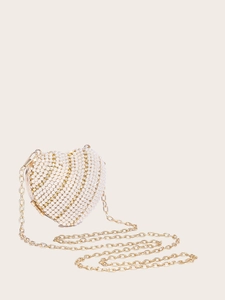 Mini heart-shaped evening bag with white pearls and sparkling rhinestones on golden chain
