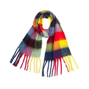 Colorful rainbow checkered faux mohair thick winter scarf with decorative fringe tassels