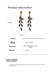 Detailed view of silver needle crystal butterfly tassel earrings with 14.5cm length measurements