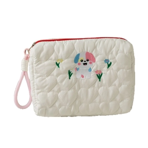 Cute embroidered dog cosmetic bag with heart quilting and red zipper handle