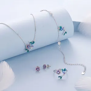 S925 sterling silver hummingbird and flower jewelry set with purple and teal enamel