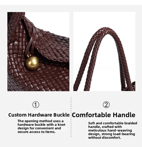 Detailed macro view of woven leather tote with golden sphere buckle and braided handles