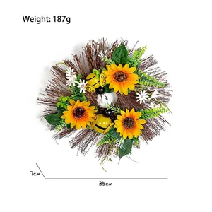 35cm rustic bee festival sunflower wreath with yellow blossoms and green leaves