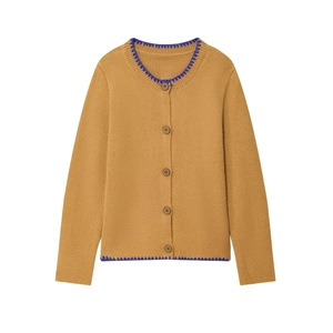 Camel knit cardigan with blue crochet trim and wooden buttons in flat lay view