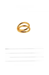 Detail view of geometric line ring in brass gold plating showing size and 5.6g weight info