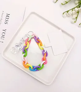 Colorful macaron acrylic chain wrist strap with transparent iridescent bear charm