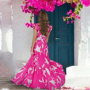 Women's V-neck ruffle floral print one-piece swimsuit dress with bohemian layered skirt
