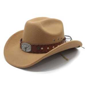 Close-up of khaki wool felt cowboy hat with bull head buckle and star studs