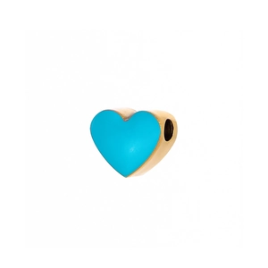 Macro view of blue enamel heart charm with gold finish and side threading hole