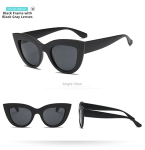 Detailed multi-angle views of matte black cat eye sunglasses with dark gray lenses