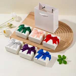 Jewelry Gift Box Square Cardboard Satin Ribbon Bow For Rings Earrings Necklaces Elegant Wedding Party Gift Packaging