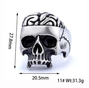 Vintage silver punk skull ring with brain texture detail and antique finish, retro style