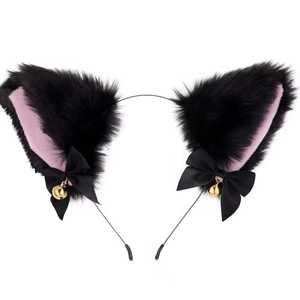 Serre-tête oreilles de chat en peluche noire avec oreilles roses, nœuds et clochettes