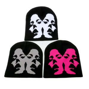 Streetwear Knitted Beanie Hat Acrylic Abstract Face Jacquard Warm Winter Skull Cap Hip Hop Style For Men Women