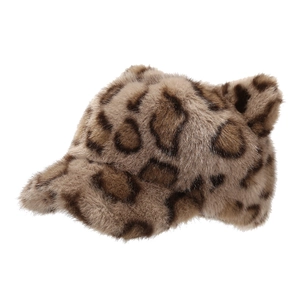 Warm leopard print faux fur baseball cap for winter with plush ears in brown and black