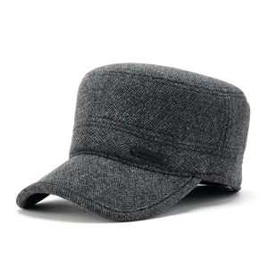 Men's winter flat top thermal cap with ear flaps and thickened wool texture in dark grey