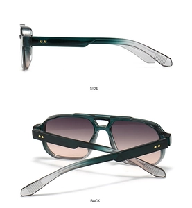 Detailed side and back view of retro aviator sunglasses with gold rivets and gradient lenses