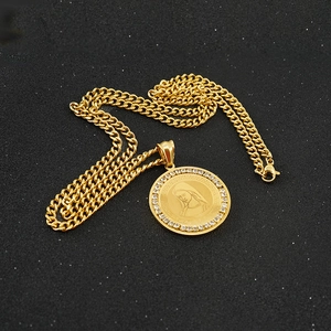 Gold 18K plated stainless steel necklace with round diamond portrait pendant on black base