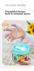 Detail of mint green lid with foldable spoon for portable oatmeal yogurt fruit bowl