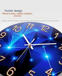 Macro detail of high-precision silver metal hands and golden numeric dial on 30CM wall clock