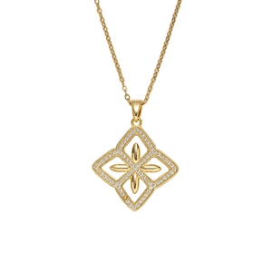 18K gold plated rhombus flower pendant necklace with cubic zirconia on fine link chain