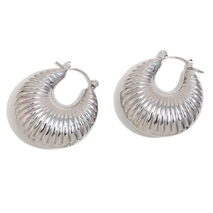 Polished silver croissant style hollow earrings with a textured corrugated pattern design