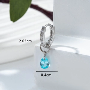Silver zircon hoop earrings featuring a blue pear-shaped heart pendant and dimensions