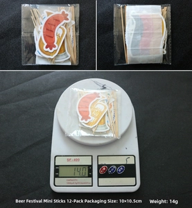 Detailed view of 12pcs Oktoberfest food picks set with weight and package size details