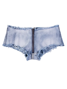 Sexy Low-Waist Denim Mini-Shorts in Hellblau mit Fransen und Metall-Reißverschluss