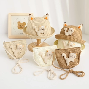 Kids Straw Sun Hat Paper Straw Cartoon Cat Ears Cute Summer Beach Breathable Sunshade Hat With Matching Crossbody Bag