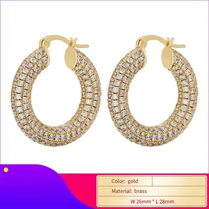 18K gold plated pave hoop earrings with white crystals measuring 26mm x 28mm