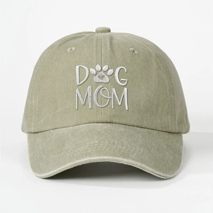Vintage washed cotton baseball cap with Dog Mom embroidery and paw print design