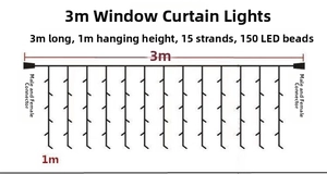 Dettaglio della tenda luminosa LED 3x1m con 150 LED e connettori maschio-femmina