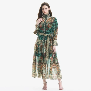 Retro-Paisley-Langarmkleid mit Laternenärmeln, Taillengürtel und Rüschen am Saum
