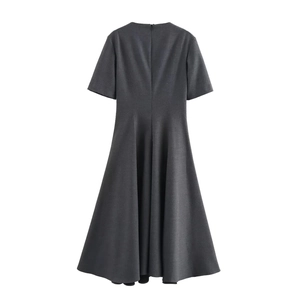 Short sleeve charcoal grey midi dress with fitted waist and A-line flared skirt