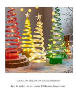 Detail of spiral LED mini Christmas trees in red, green, and white on a snowy base