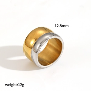 Detailed view of two-tone stainless steel ring with 12.8mm width and 12g weight specs