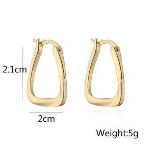 Detail view of geometric gold-plated earrings with dimensions 2.1cm height and 2cm width