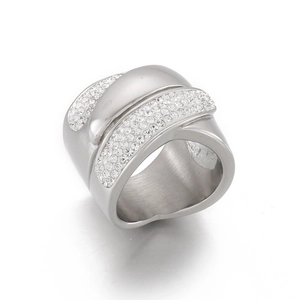 Exaggerated stainless steel crisscross ring with pavé rhinestones for women