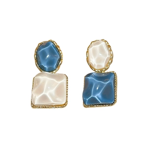 French vintage resin earrings with blue and cream geometric shapes and gold metal edges