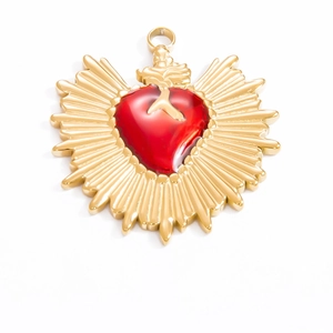 Golden 18k plated stainless steel heart pendant with red stone and radiant sunburst design