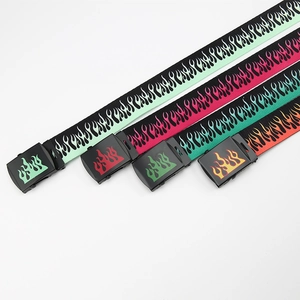 Harajuku hip-hop canvas belts featuring vibrant flame prints and metal flat buckles