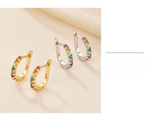 Close-up of S925 sterling silver hoop earrings featuring colorful 5A cubic zirconia stones