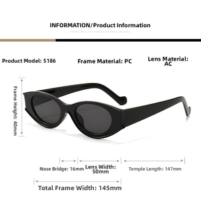 Detailed size specifications for retro oval cat-eye sunglasses with PC frame and AC lens