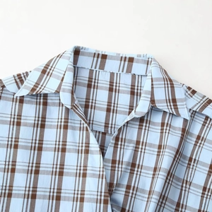Blue and brown plaid poplin shirt for women featuring a stylish double lapel collar