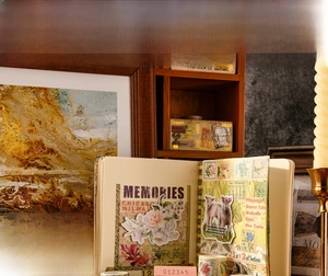 Detail of vintage spiral-bound scrapbook with thick pages and artistic room decoration