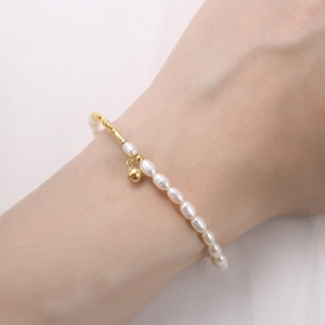 Bracelet en argent S925 avec perles d'eau douce naturelles et tubes de bambou dorés